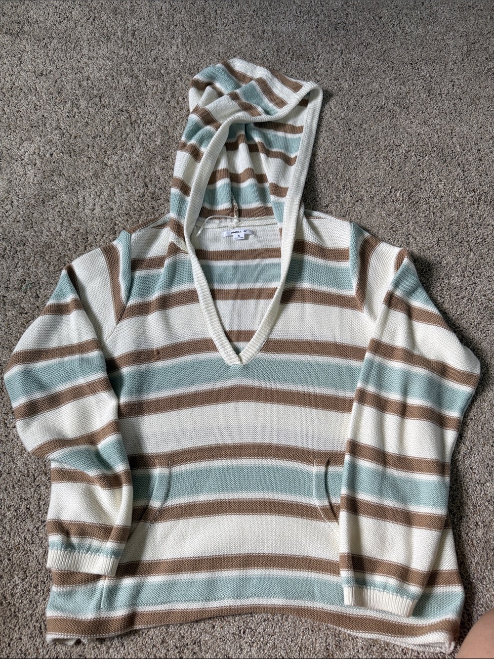 O'Neill Striped Hooded V-Neck Sweater in Cream, Brown & Light Blue